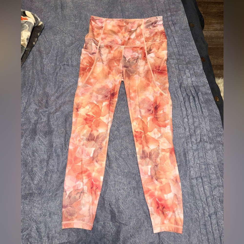 Floral Watercolor High-Waist Leggings - Peach Pink - Women’s Size Large